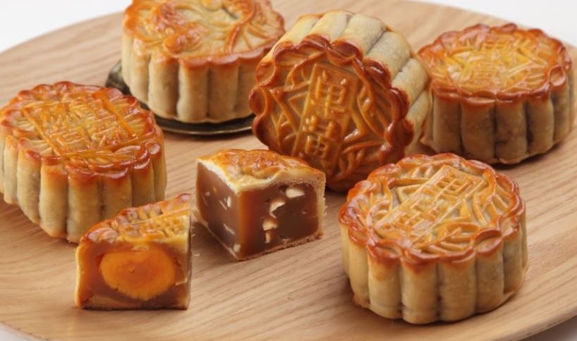 Traditional baked mooncake with egg yolk