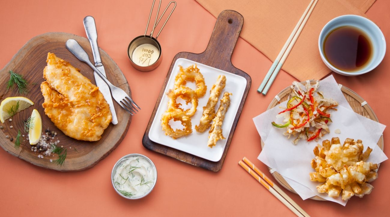 Tempura fish fillet, vegetable kakiage and fried onion ring